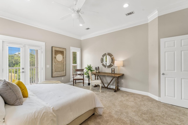 carpeted bedroom with ceiling fan, crown molding, access to outside, and french doors