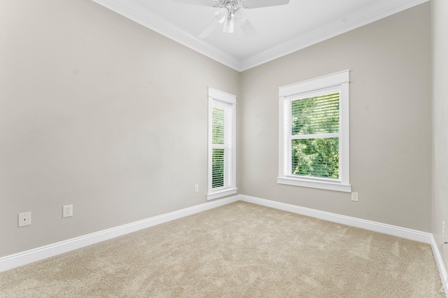 carpeted empty room featuring ceiling fan and crown molding