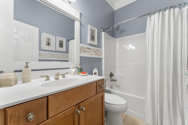 full bathroom featuring tile patterned floors, crown molding, toilet, vanity, and shower / tub combo