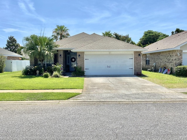 ranch-style home with a front lawn and a garage