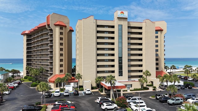 view of building exterior featuring a water view