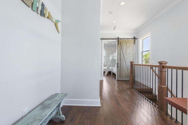 hall with dark hardwood / wood-style floors, a barn door, and ornamental molding