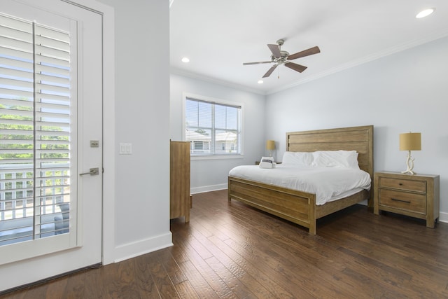 bedroom featuring ceiling fan, dark hardwood / wood-style flooring, and ornamental molding