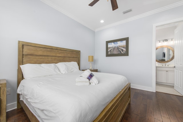 bedroom featuring ensuite bathroom, ornamental molding, ceiling fan, sink, and dark hardwood / wood-style floors