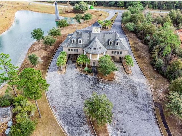 drone / aerial view with a water view