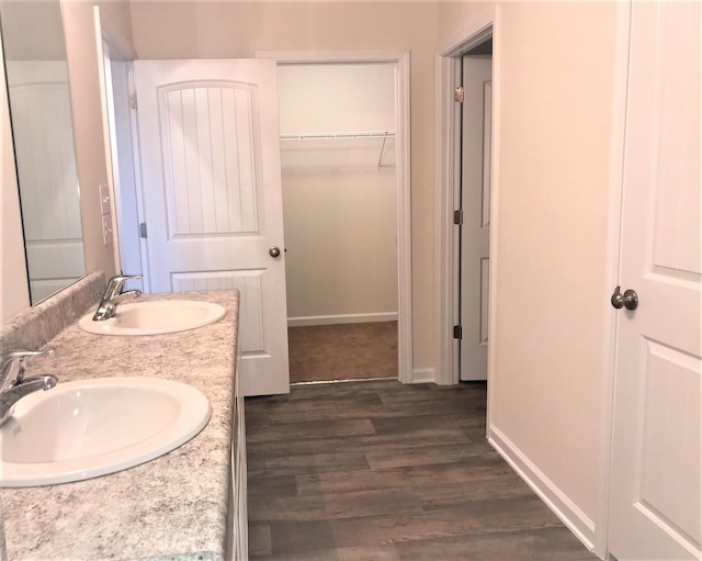 bathroom with hardwood / wood-style floors and vanity