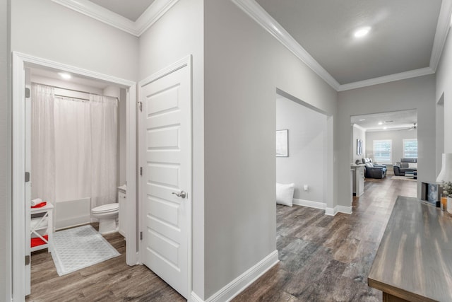 hall with dark hardwood / wood-style floors and ornamental molding