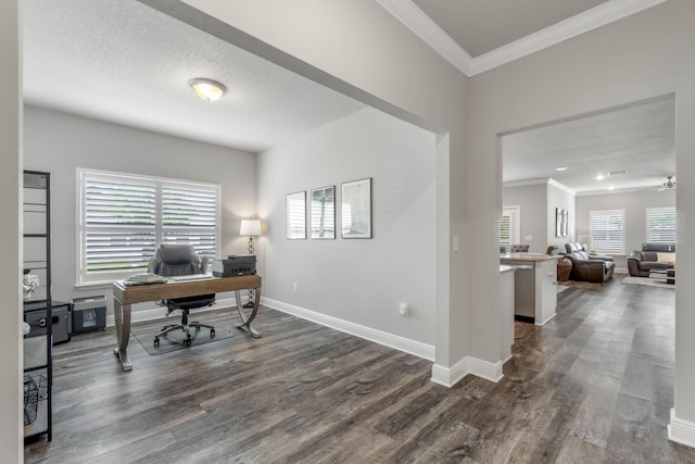 office with a textured ceiling, crown molding, ceiling fan, and dark wood-type flooring