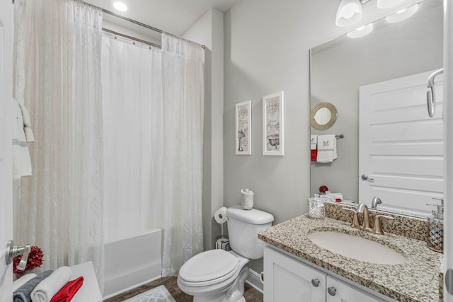 full bathroom featuring shower / bath combination with curtain, vanity, toilet, and wood-type flooring