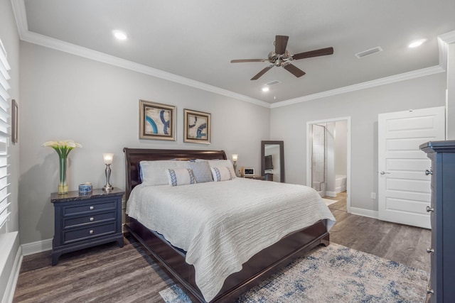 bedroom with ceiling fan, ensuite bathroom, dark wood-type flooring, and ornamental molding