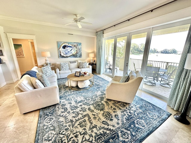 living room with ceiling fan, crown molding, and french doors