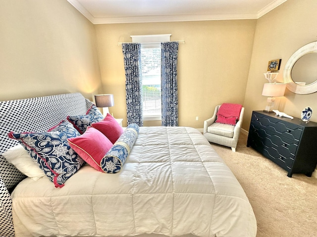 bedroom with crown molding and carpet floors