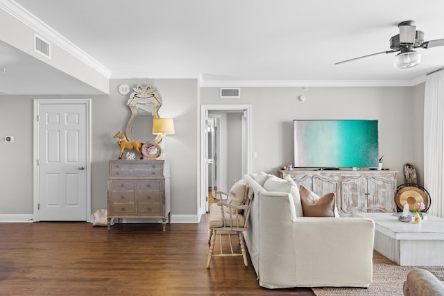 living room with ceiling fan, dark hardwood / wood-style floors, and ornamental molding