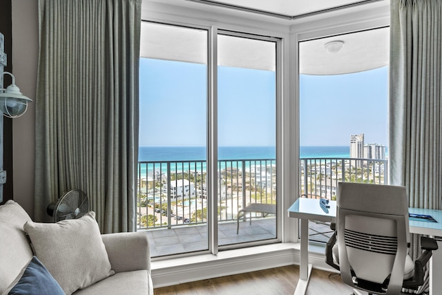 interior space featuring hardwood / wood-style floors, a water view, and a view of the beach