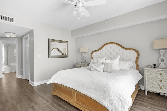 bedroom with ceiling fan and dark wood-type flooring