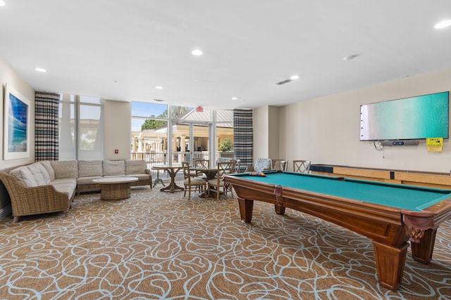 rec room featuring carpet floors, a wall of windows, and pool table