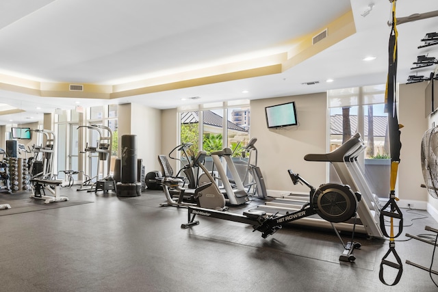 exercise room with a raised ceiling