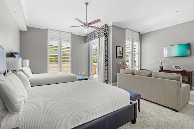 bedroom featuring ceiling fan, light colored carpet, ornamental molding, and multiple windows