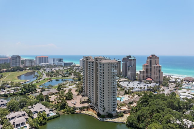 drone / aerial view with a water view