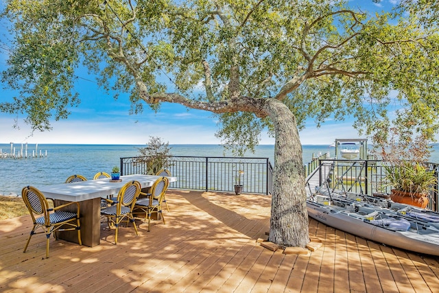 wooden terrace featuring a water view