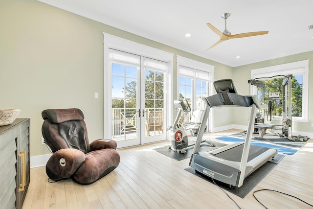 exercise room featuring a wealth of natural light, french doors, ceiling fan, and light wood-type flooring