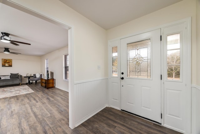 entryway with ceiling fan and dark hardwood / wood-style floors