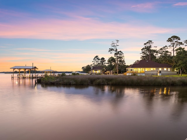 water view featuring a dock