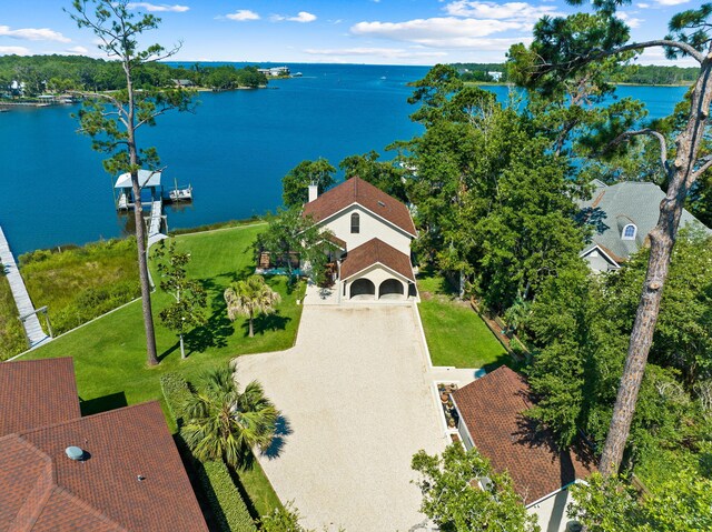 aerial view featuring a water view