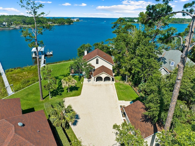 drone / aerial view featuring a water view