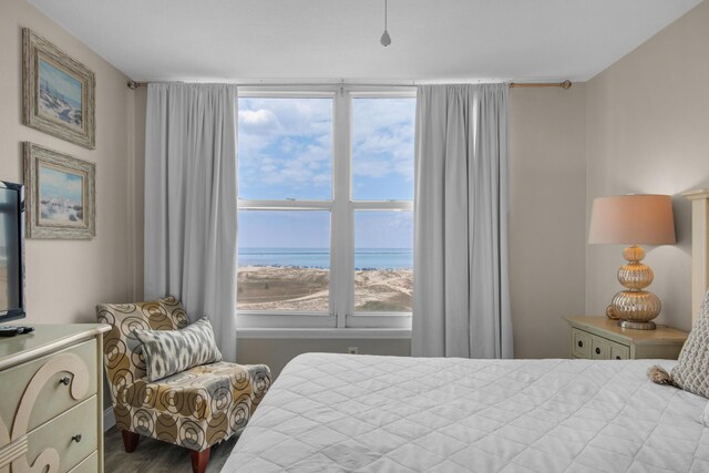 bedroom with wood-type flooring, multiple windows, and a water view