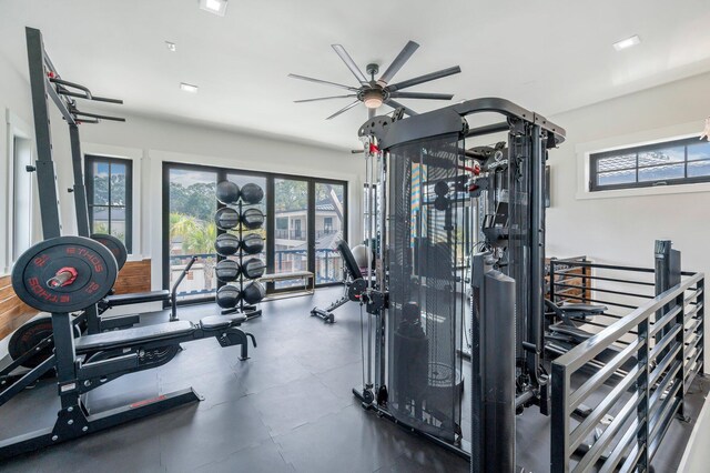 workout area with ceiling fan