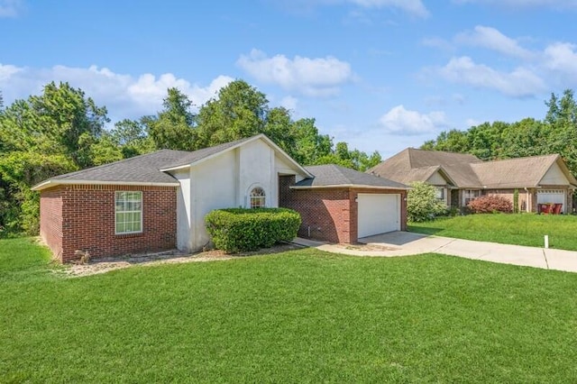 single story home with a front yard and a garage