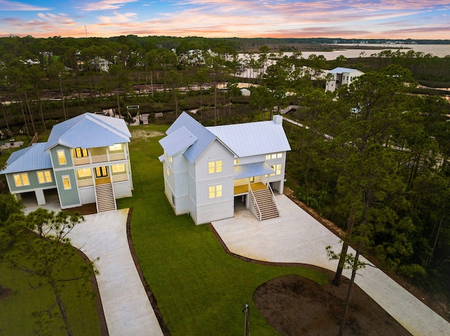 aerial view featuring a water view