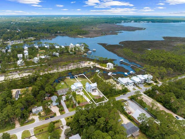 drone / aerial view with a water view and a wooded view