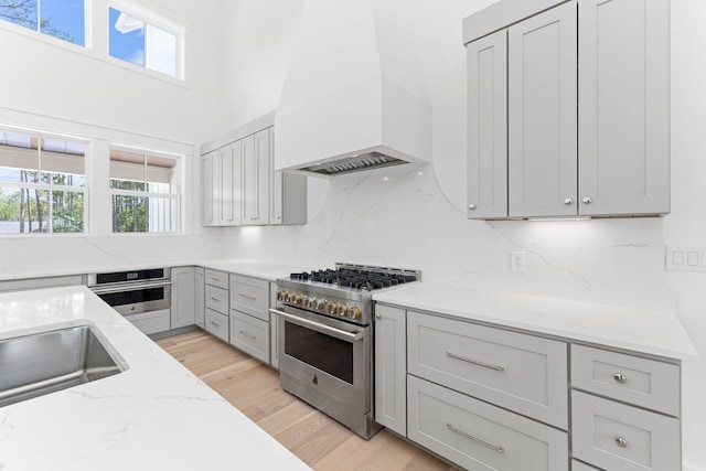 kitchen with premium range hood, appliances with stainless steel finishes, gray cabinets, and decorative backsplash