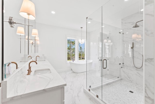 bathroom with tile patterned flooring, double sink vanity, and an enclosed shower