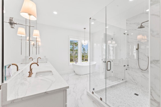 109 W Nursery Rd, Santa Rosa Beach, FL 32459 - full bathroom featuring a marble finish shower, double vanity, marble tiled floors, a freestanding bath, and recessed lighting