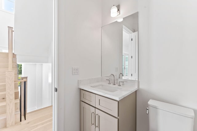 bathroom featuring a wealth of natural light, vanity, hardwood / wood-style flooring, and toilet