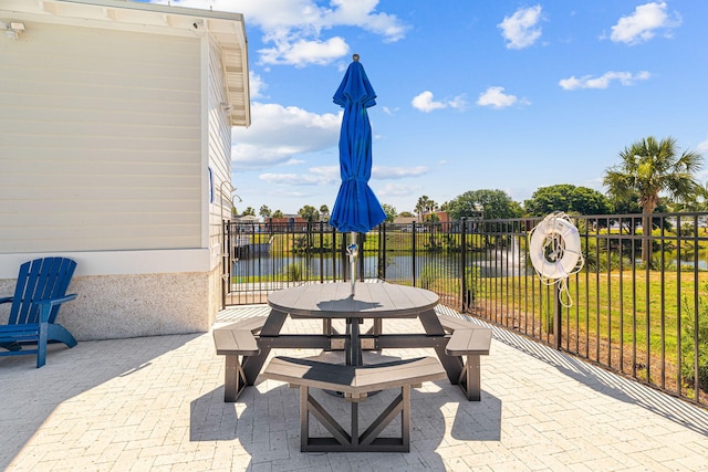 view of patio with a water view