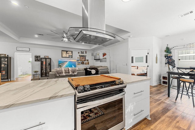 kitchen with light stone countertops, ceiling fan, light hardwood / wood-style floors, stainless steel electric range oven, and white cabinets