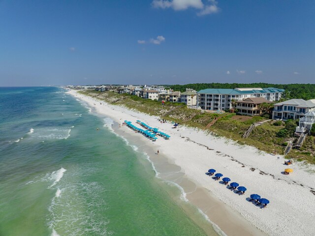 drone / aerial view with a water view and a view of the beach