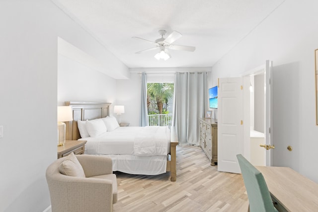 bedroom featuring ceiling fan and light hardwood / wood-style flooring