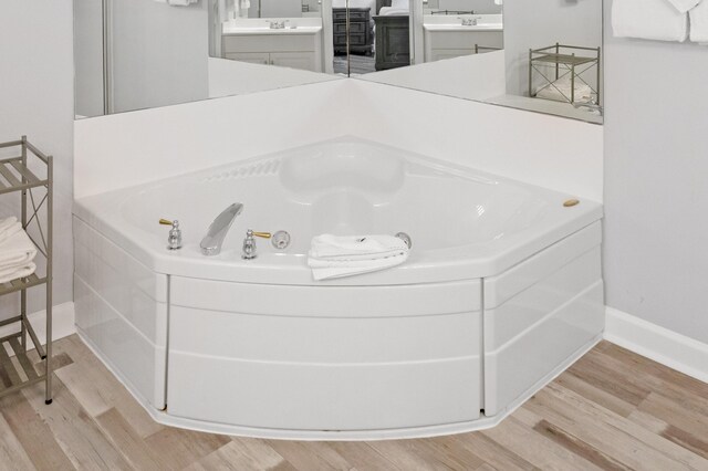 details with hardwood / wood-style floors, vanity, and a bathing tub