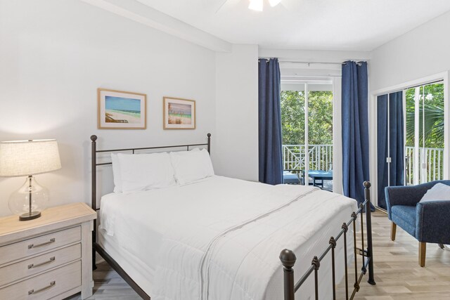 bedroom featuring access to outside, ceiling fan, and light hardwood / wood-style floors