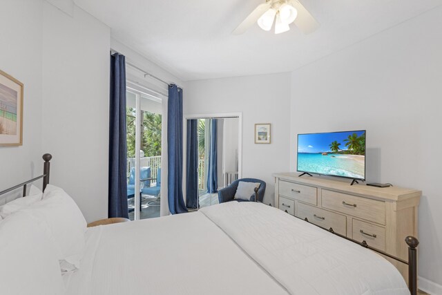 bedroom featuring access to outside and ceiling fan