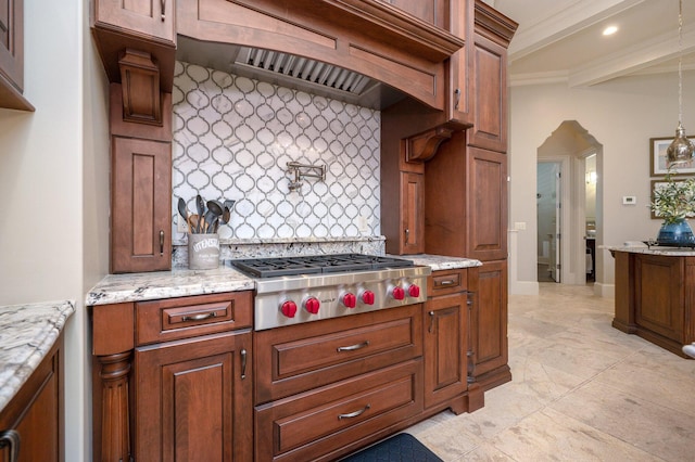 kitchen featuring decorative backsplash, light stone countertops, custom range hood, beam ceiling, and stainless steel gas stovetop