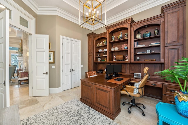 home office with ornamental molding and a chandelier