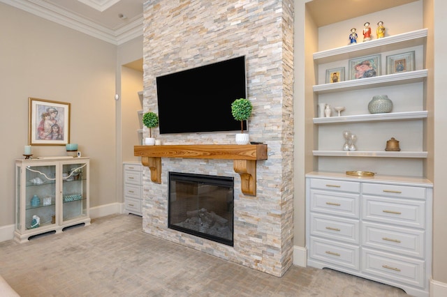 living room with a stone fireplace, ornamental molding, and light carpet