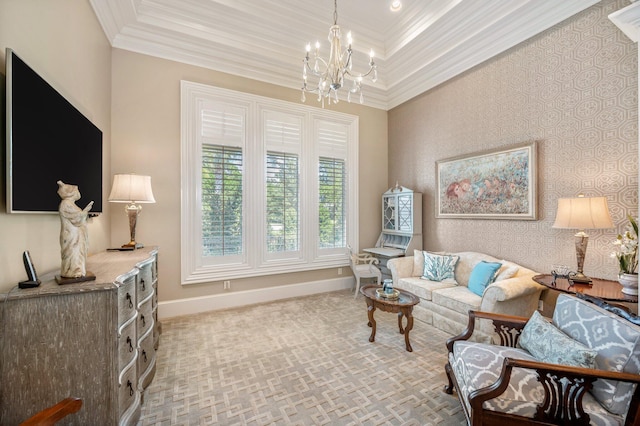 sitting room featuring crown molding, light carpet, and a chandelier