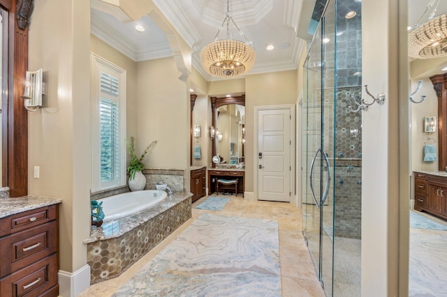 bathroom featuring vanity, shower with separate bathtub, and ornamental molding